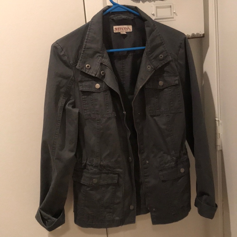 Dark grayish/blueish jacket. Never worn, no tags